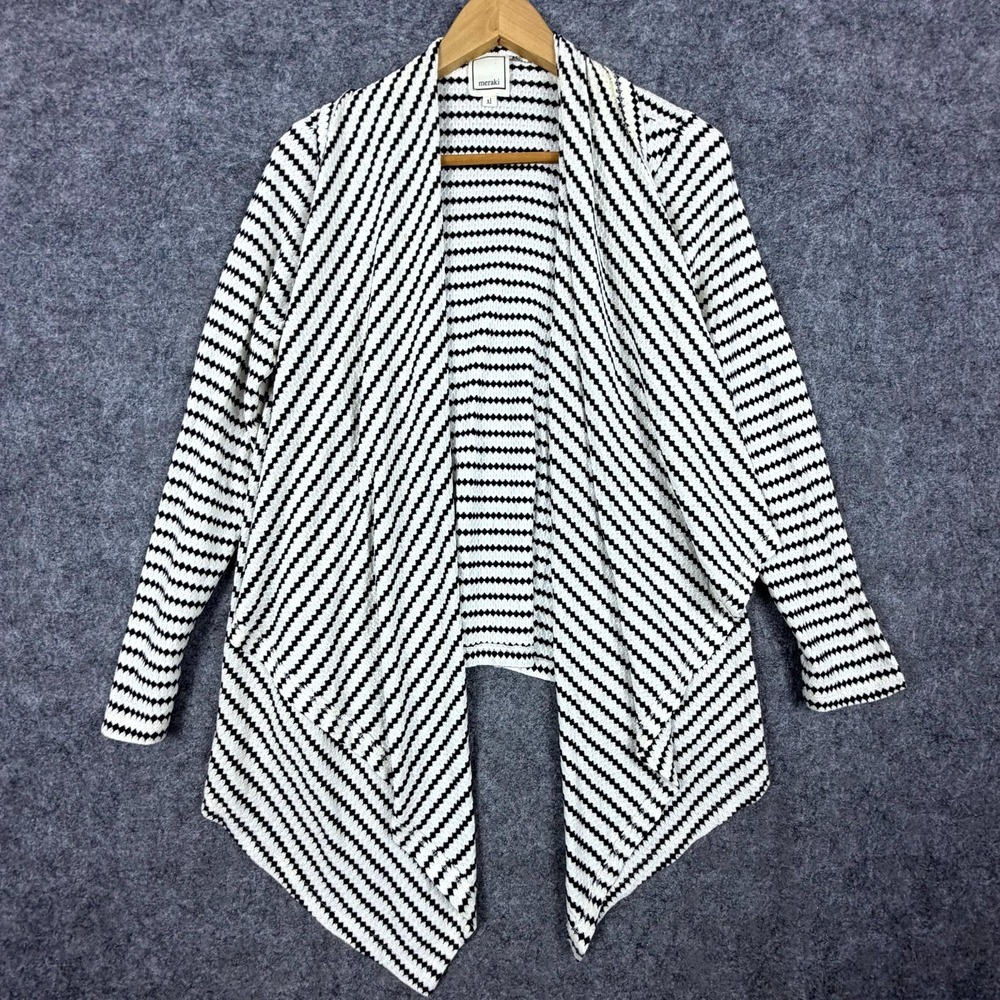 Meraki Waterfall Draped Cardigan Sweater Womens XL Black White Striped Stretch